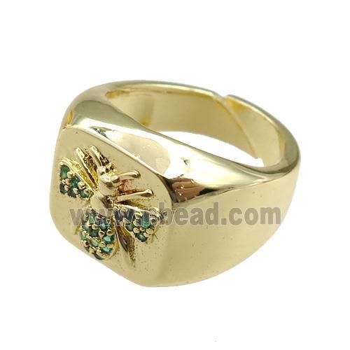 copper Rings paved zircon with honeybee, adjustable, gold plated