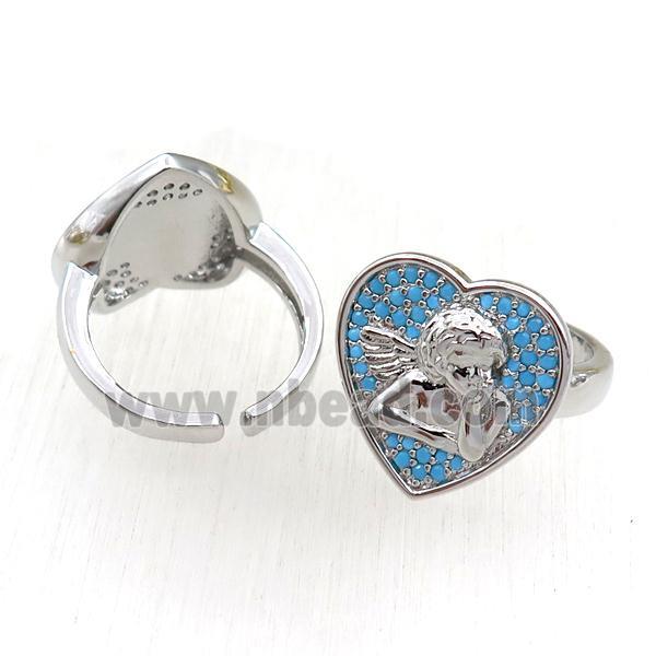 copper Rings pave blue zircon, heart, adjustable, platinum plated