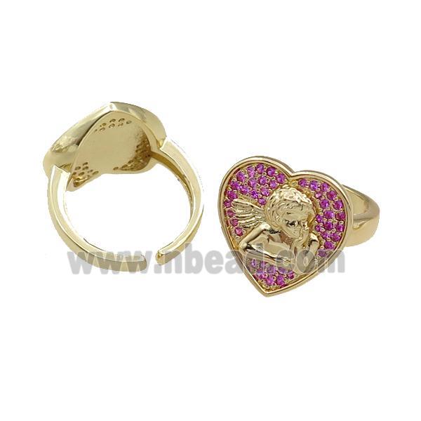 copper Rings pave hotpink zircon, heart, adjustable, gold plated