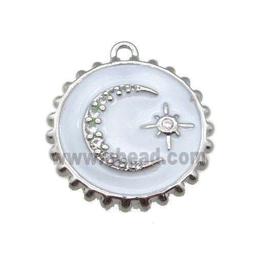 copper circle pendant with moon, enameled, platinum plated