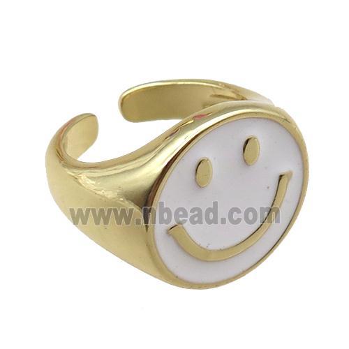 copper rings with white enameled smileface emoji, adjustable, gold plated