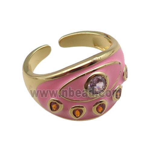 copper rings with pink enameled, adjustable, gold plated