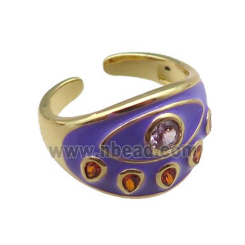 copper rings with purple enameled, adjustable, gold plated