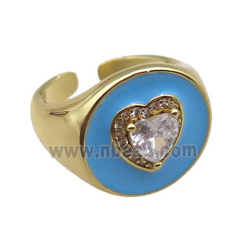 copper rings with blue enameled, heart, adjustable, gold plated