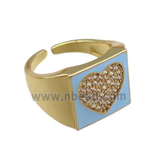 copper rings paved zircon with blue enameled, heart, adjustable, gold plated
