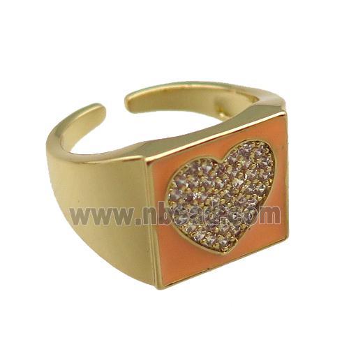copper rings paved zircon with orange enameled, heart, adjustable, gold plated