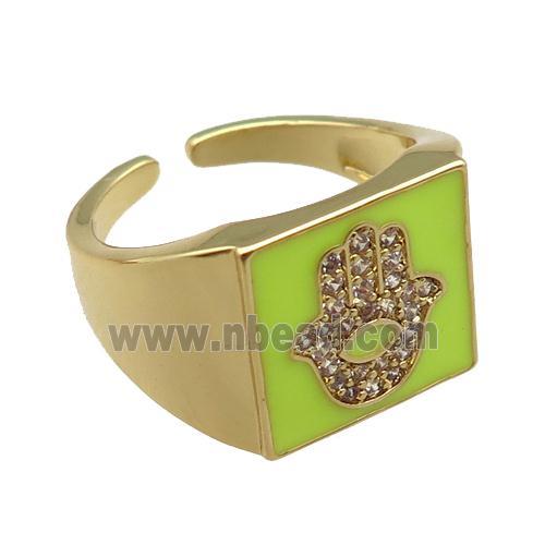 copper rings paved zircon with yellow enameled, hamsahand, adjustable, gold plated