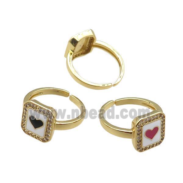 mix copper rings paved zircon with enameled, heart, adjustable, gold plated