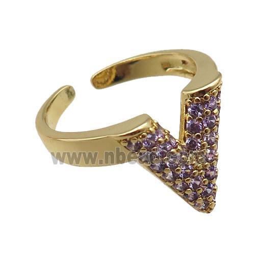 adjustable copper ring pave purple zircon, gold plated