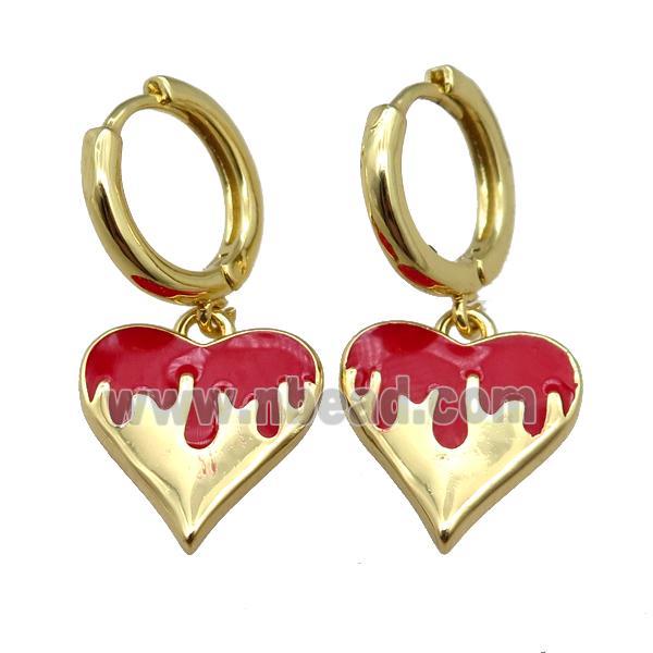 copper Hoop Earrings with Heart Red Enamel, gold plated