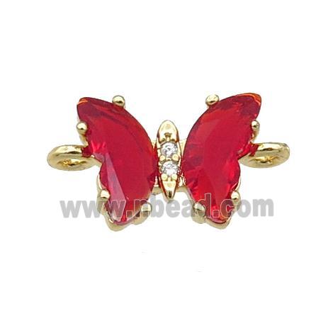 red Crystal Glass Butterfly Connector, gold plated