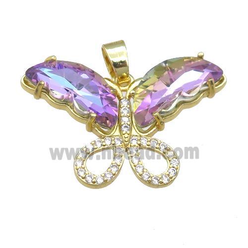 mauve Crystal Glass Butterfly Pendant, gold plated