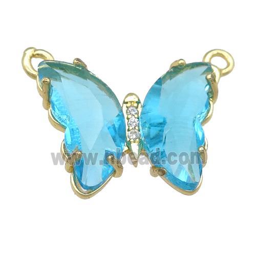 aqua Crystal Glass Butterfly Pendant with 2loops, gold plated