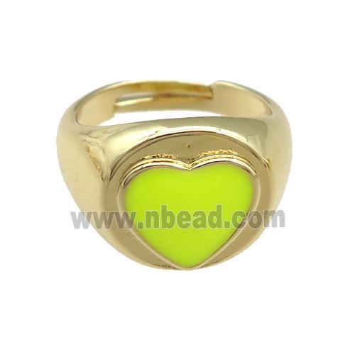 copper Rings with yellow enamel heart, adjustable, gold plated