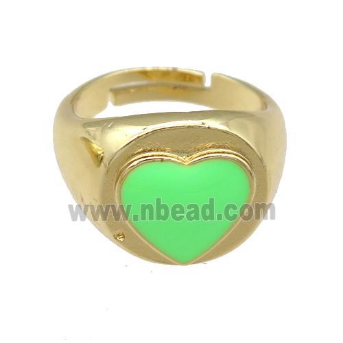 copper Rings with green enamel heart, adjustable, gold plated
