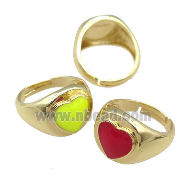 copper Rings with enamel heart, adjustable, gold plated, mixed