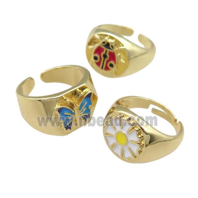 copper Rings with enamel, adjustable, gold plated, mixed