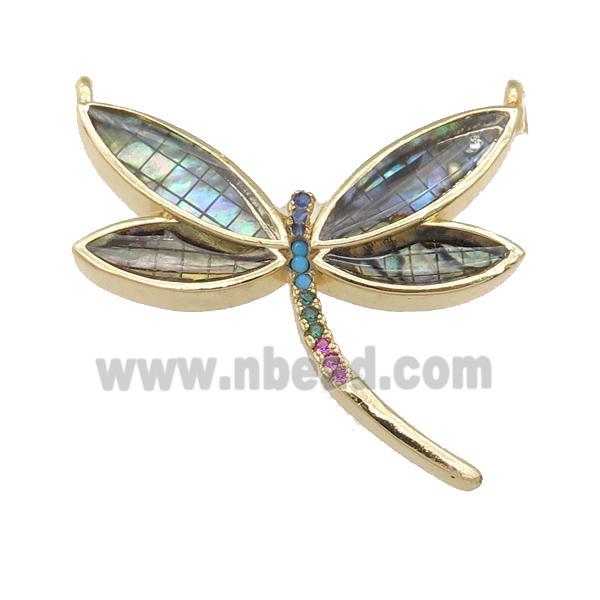 copper Dragonfly pendant pave zircon, abalone shell, gold plated