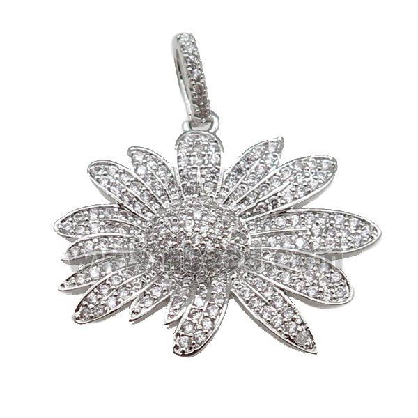 copper Daisy Flower pendant paved zircon, platinum plated