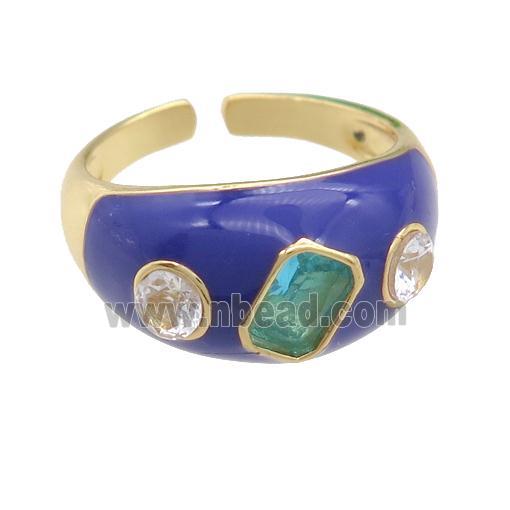 copper Rings paved zircon with purple enamel, gold plated