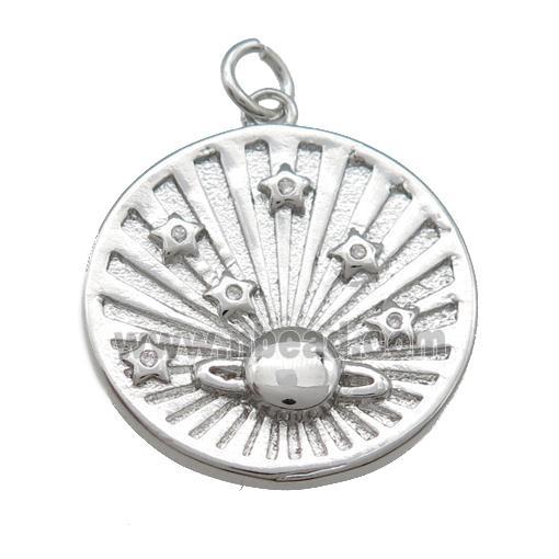 copper circle pendant paved zircon, planet, platinum plated