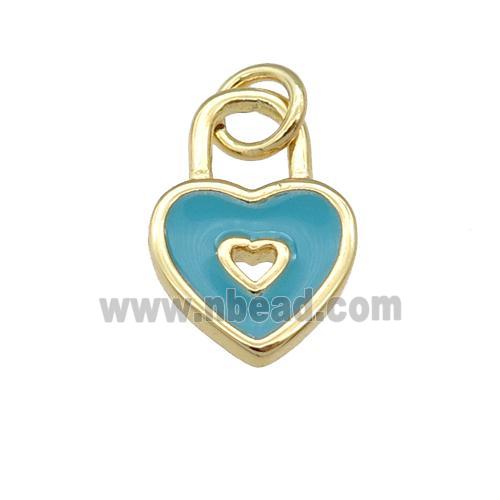 copper Heart Lock pendant with teal enamel, gold plated