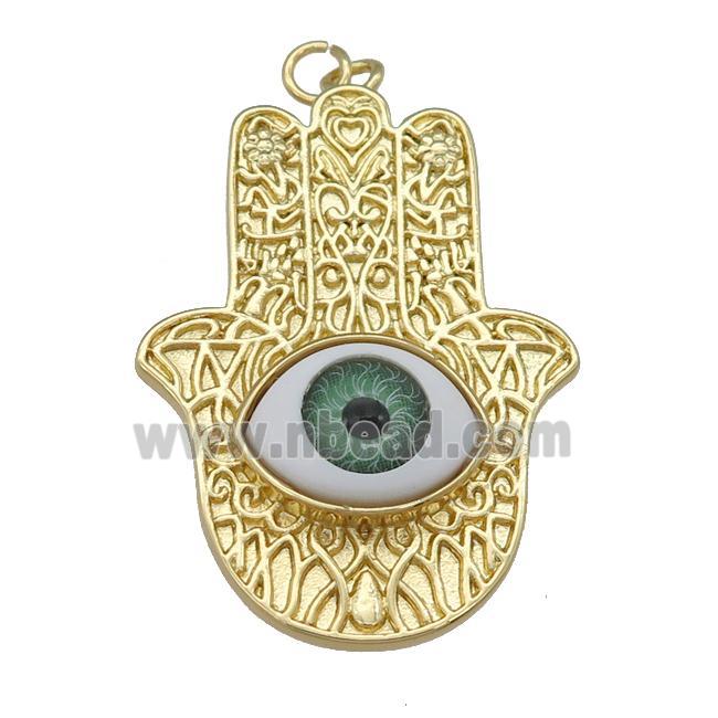 copper hamsahand pendant with green Evil Eye, gold plated