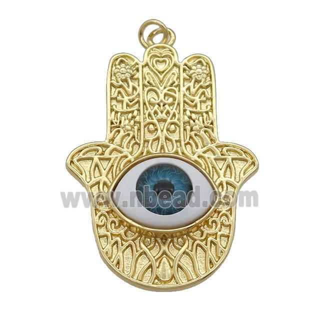 copper hamsahand pendant with blue Evil Eye, gold plated