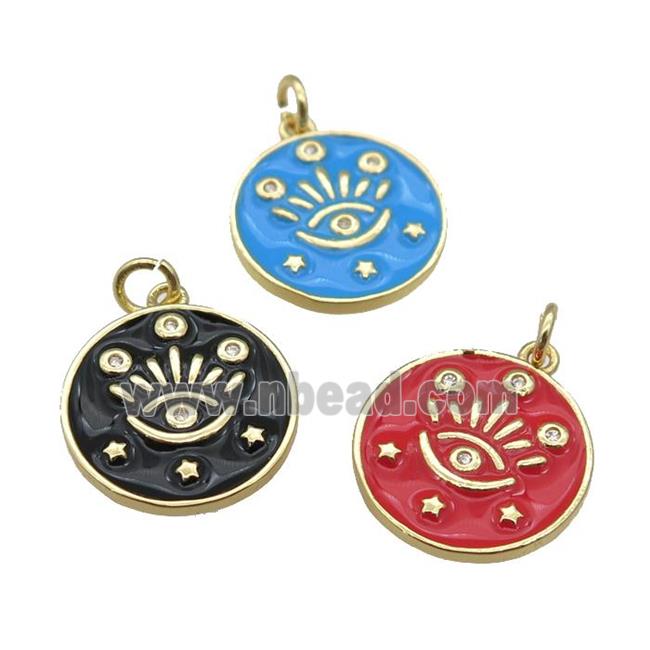 copper Circle pendant with enamel, eye, gold plated, mixed