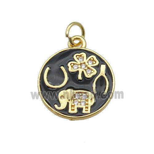 copper circle pendant paved zircon with black enamel, elephant, clover, gold plated