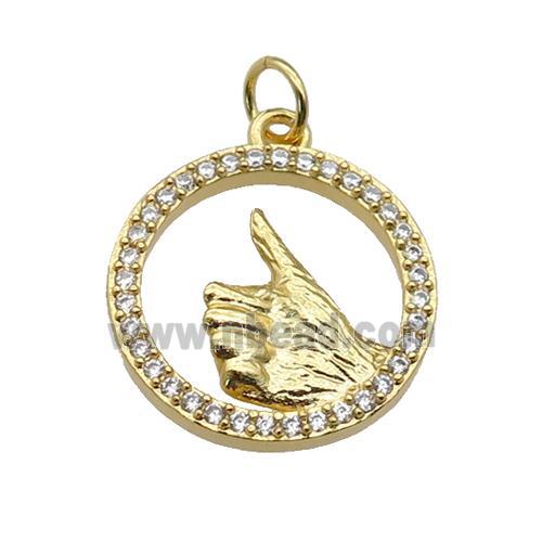 copper circle pendant paved zircon, hand gesture, gold plated