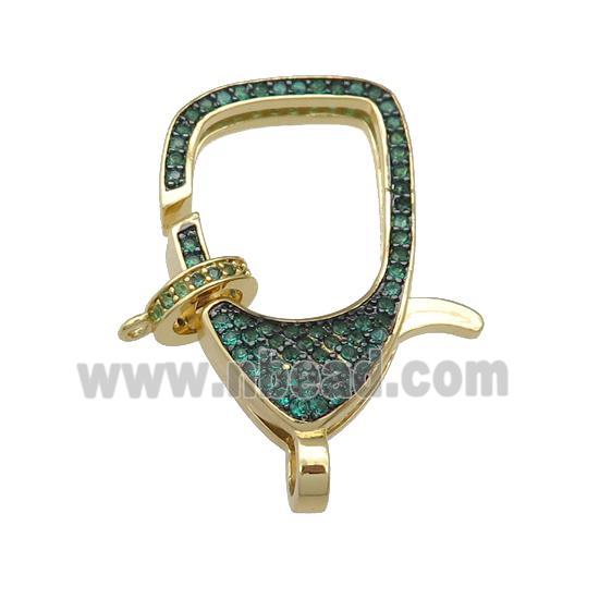 copper Lobster Clasp paved green zircon, gold plated