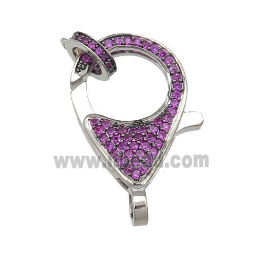 copper Lobster Clasp paved hotpink zircon, platinum plated