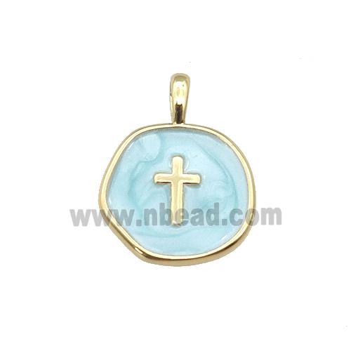 copper coin pendant with teal enamel, cross, gold plated