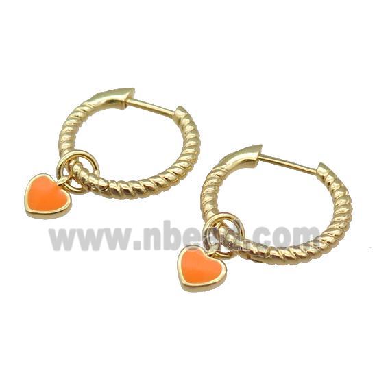 copper Hoop Earring with orange enamel heart, gold plated