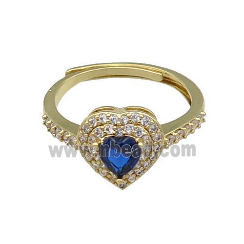 copper Heart Ring pave zircon blue adjustable gold plated