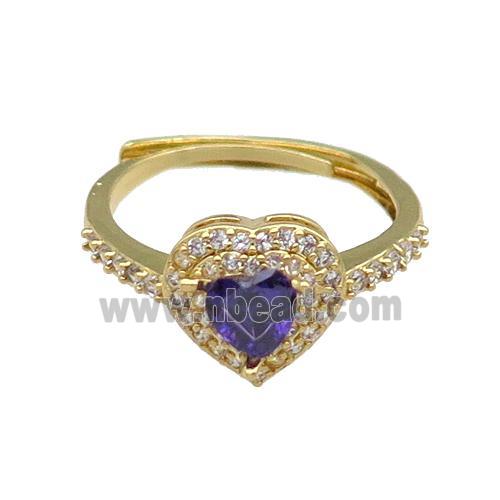 copper Heart Ring pave zircon purple adjustable gold plated