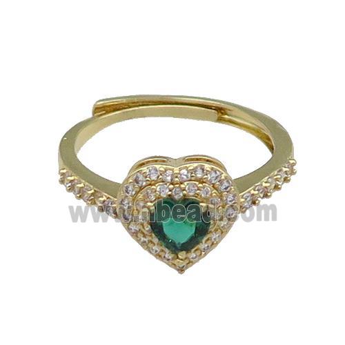 copper Heart Ring pave zircon green adjustable gold plated