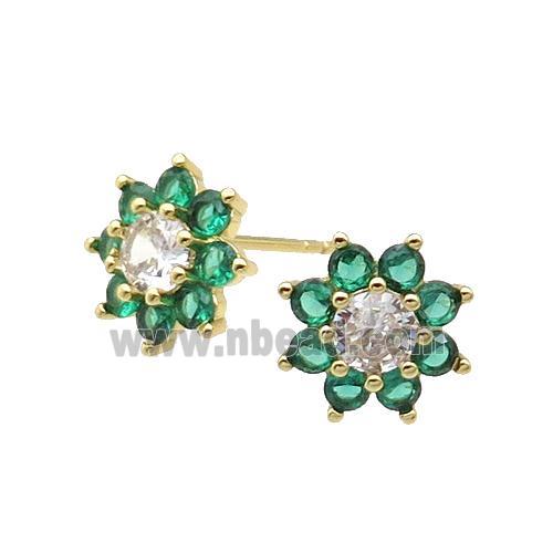 copper flower Stud Earring pave zircon green gold plated
