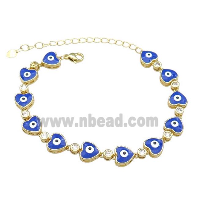 Copper Heart Blue Enamel Evil Eye Bracelet Pave Zircon Gold Plated