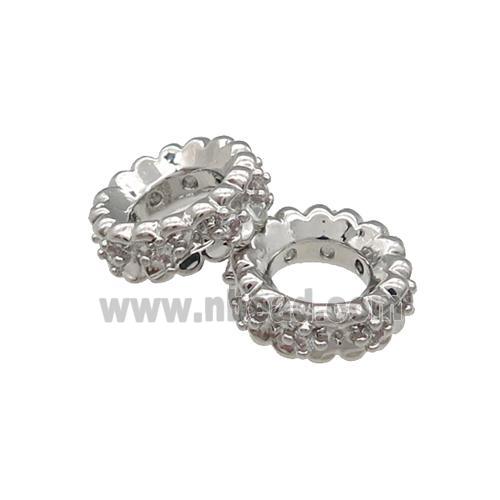 Copper Rondelle Spacer Beads Pave Zircon Large Hole Platinum Plated