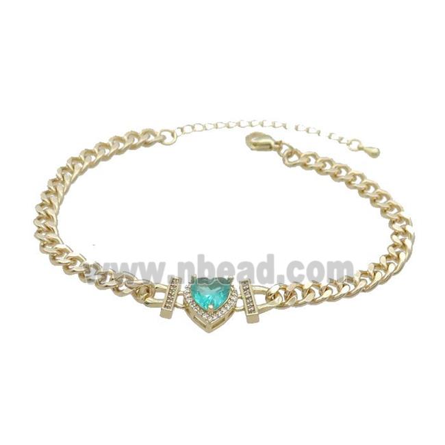 Copper Bracelet Pave Aqua Crystal Heart Gold Plated