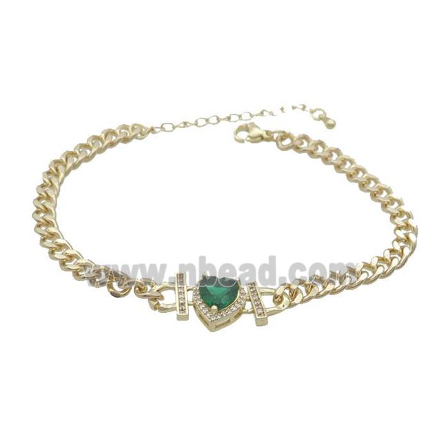 Copper Bracelet Pave Green Crystal Heart Gold Plated