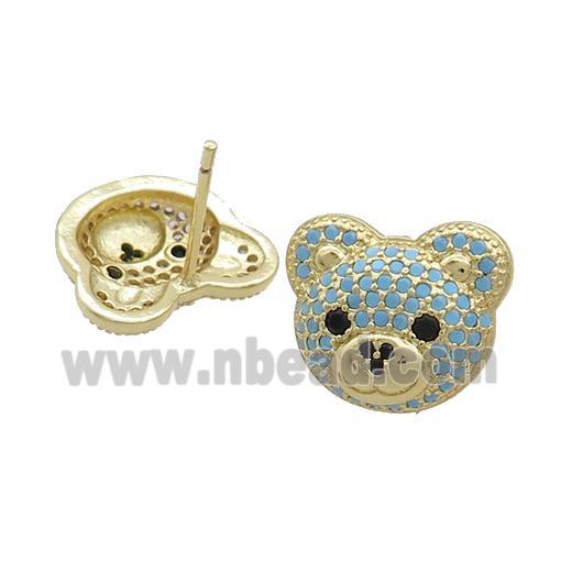Copper Stud Earrings Pave Turqblue Zircon Bear Gold Plated