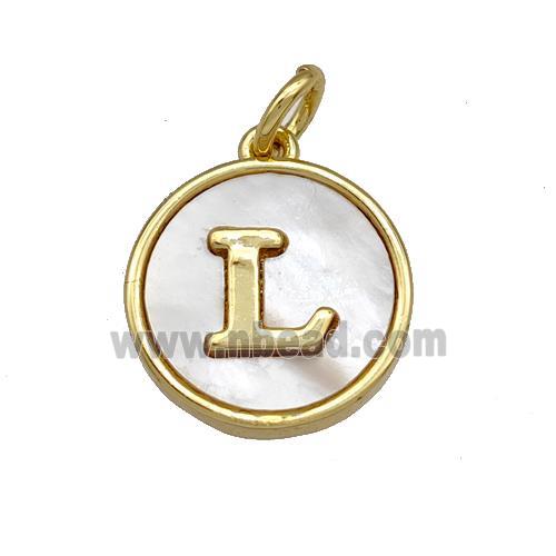 Copper Circle Pendant Pave Shell Letter-L 18K Gold Plated