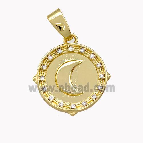 Copper Circle Pendant Pave Zirconia Moon Gold Plated