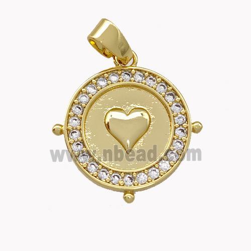 Copper Circle Pendant Pave Zirconia Heart Gold Plated