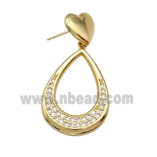 Copper Teardrop Stud Earrings Pave Zirconia Heart Gold Plated