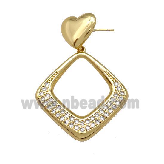 Copper Rhombus Stud Earrings Pave Zirconia Heart Gold Plated