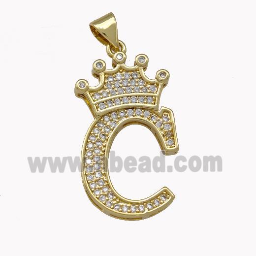 Copper Letter-C Pendant Micro Pave Zirconia Crown Gold Plated